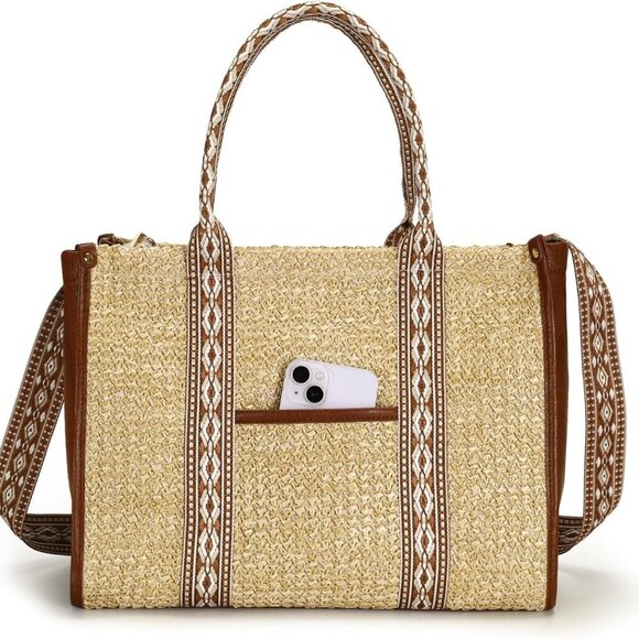 Straw Beach Tote Bag Women's Summer Handmade Woven Shoulder Purse - Picture 1 of 8